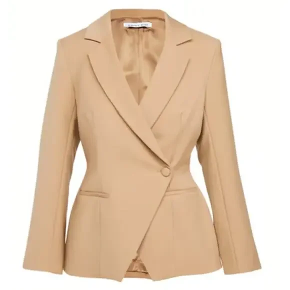 Anine Bing Ade Blazer Wool Blend Crossover Suiting Jacket Tan Beige Medium - Picture 14 of 14
